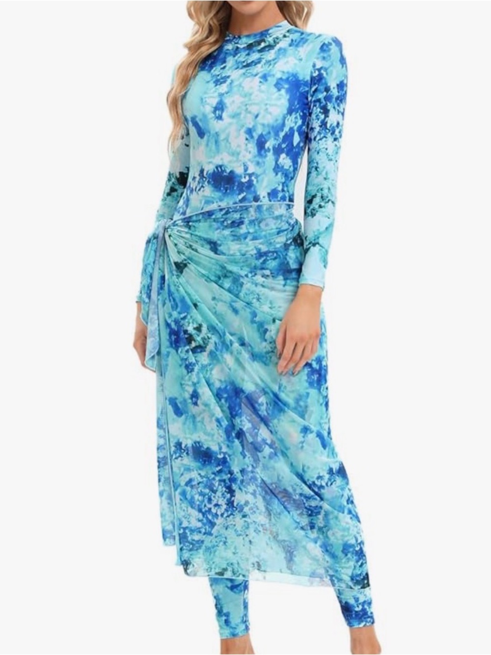 Blue Tie-Dye Long Sleeve Modest Bathing Suit Sarong Swim Pants